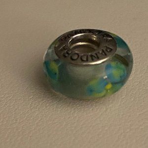 PANDORA Retired Clear Teal Flowers 925 ALE Sterling Silver Murano Glass Charm
